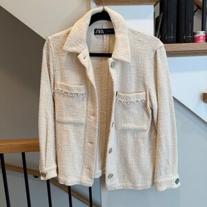 EUC ZARA Cream Pearl-Embellished Trim Shacket S Tweed Shirt Jacket